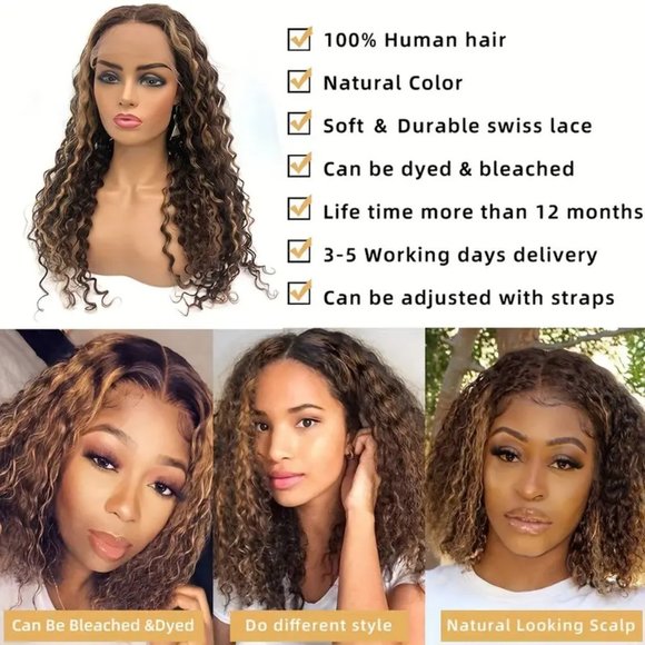 150% Density 13x1 Lace Front Human Hair Wig 4/27 Highlight Deep Wave Lace Front - Picture 4 of 4